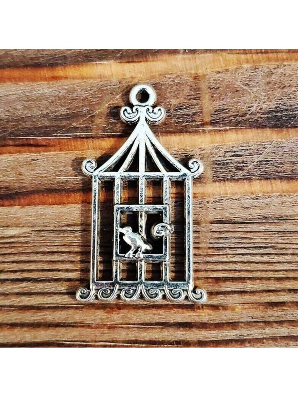 10 Antique Silver Pewter Art Deco Nouveau Bird & Cage Pendants 29x18mm